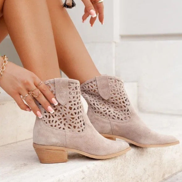 Women's Chunky Heel Ankle Boots - Pointed Toe Slip-On Boots with Cutout Design