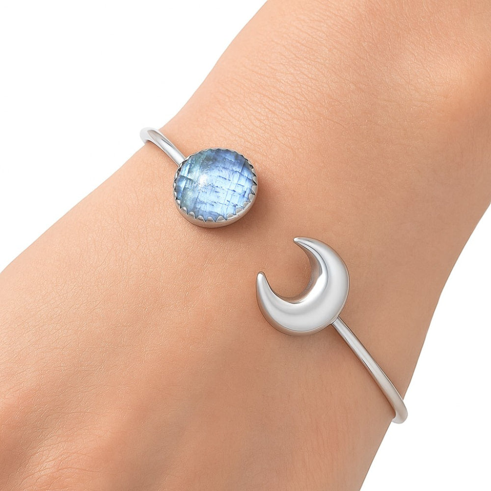 Premium Crescent Moon - Rainbow Moonstone Cuff Bangle Bracelet B-1046 26-EB10129