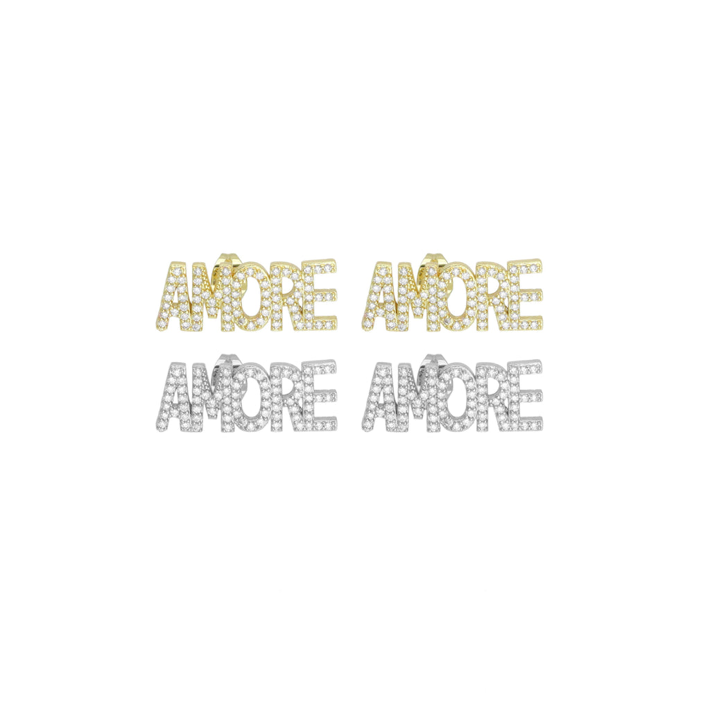 Clear CZ Amore Word Gold Silver Stud Earrings, Sku#A354