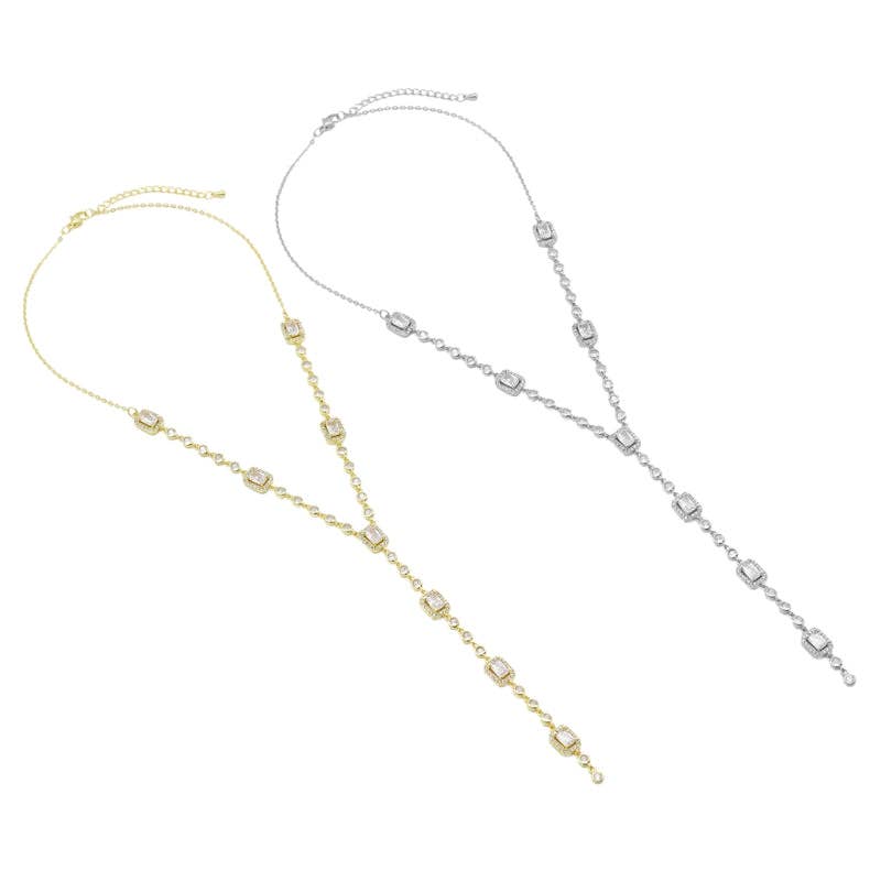 Square CZ Link Chain Long Y Shape Lariat Style Necklace, Sku#A152
