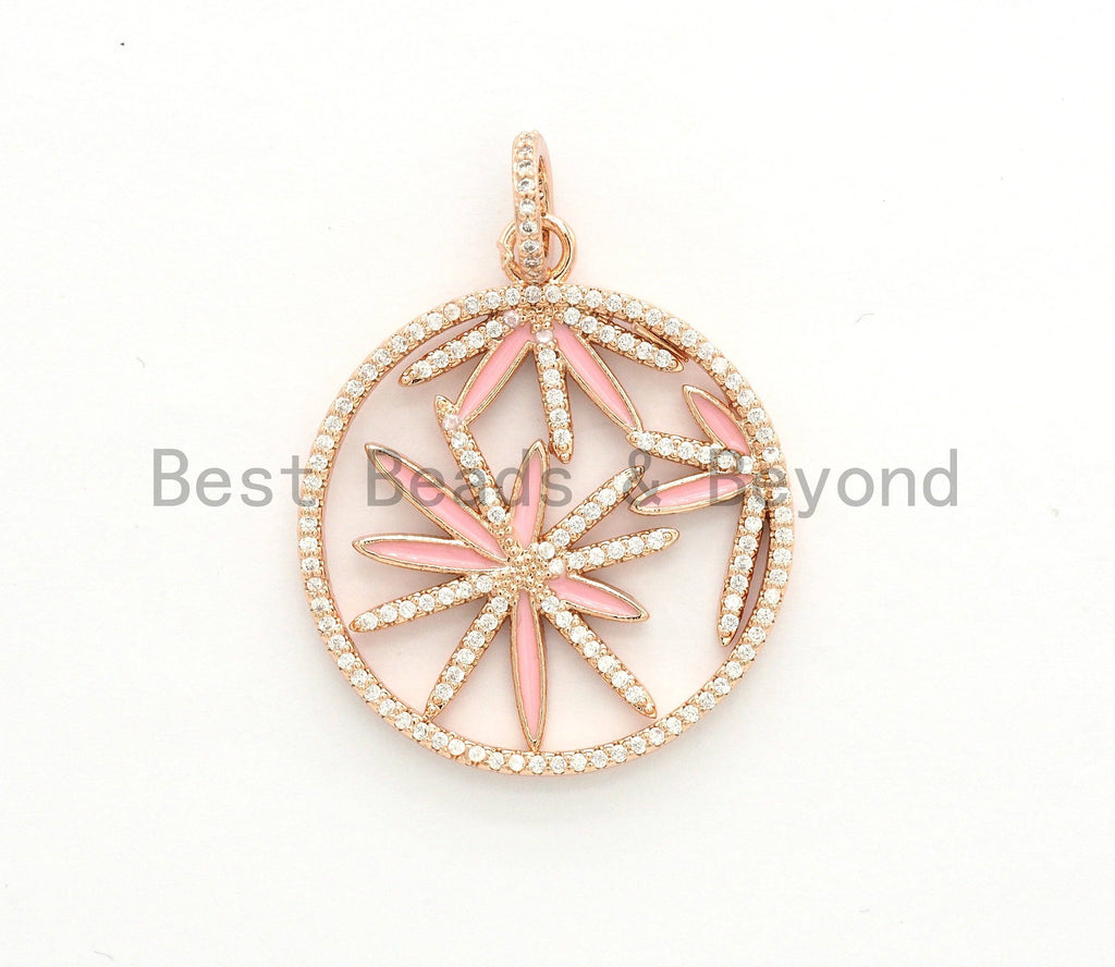 NEW Enamel Colorful Round With Pink Flower Pendant,CZ Micro Pave Oil Drop Round pendant,Enamel pendant,Enamel Jewelry,32x36mm,sku#F575