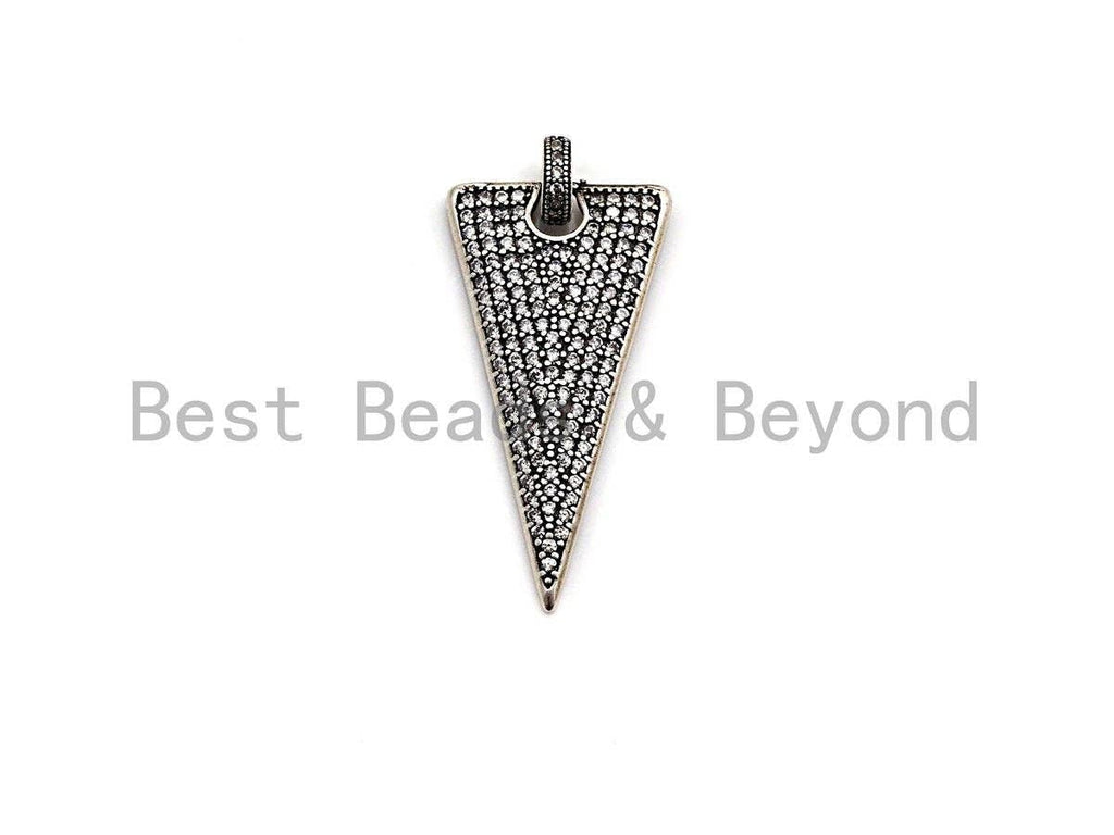 CZ Micro Pave Triangle Shape Pendant, Antique Silver Tone, Cubic Zirconia Pave Triangle Pendant, 18x35mm,sku#F1026