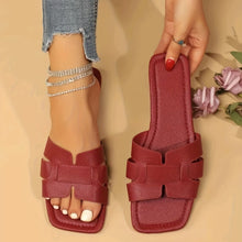 Load image into Gallery viewer, Women's Square Toe Flat Sandals | Hollow Cutout Slides PU Snakeskin