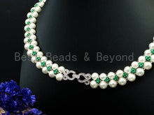 Load image into Gallery viewer, Green Cubic Zirconia&amp; Mother of pearl necklace and bracelet set, Pearl Jewelry set, Bridal Jewelry, Double Strand Statement Jewelry, SKU#P17