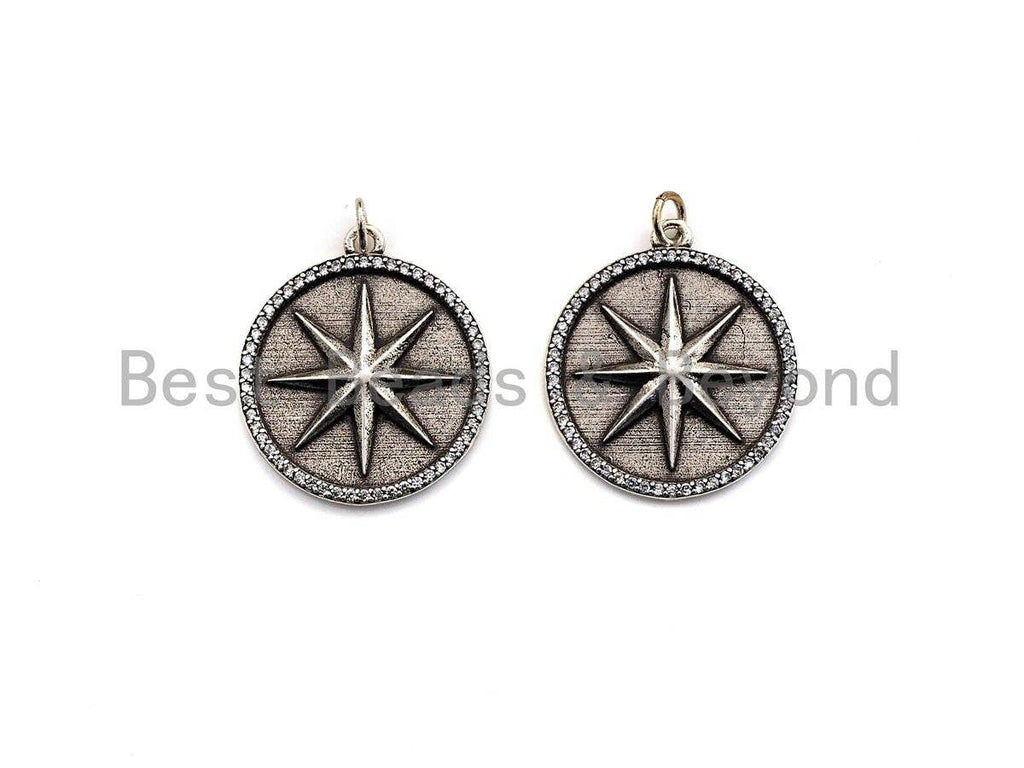 CZ Micro Pave Star on Round Disc Pendant, Antique Silver Tone, Cubic Zirconia Pave Coin Charm Pendant, 25x30mm,sku#F1020C