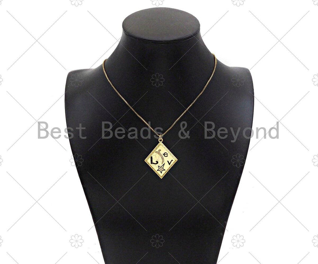 Gold Filled CZ Micro Pave Love Word On Rhombus Shape Pendant, 18K Gold Filled Black Enamel Charm, Necklace Bracelet Charm,30x38mm,Sku#L567