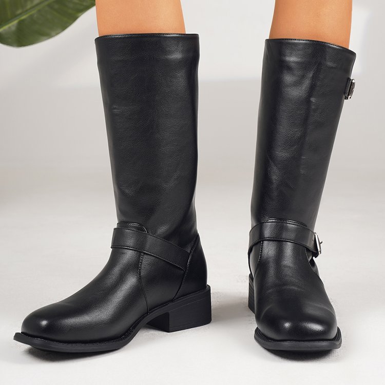 Women's Plus-Size Chunky Heel Zipper Thigh-High Boots – Synthetic Leather Over-the-Knee Boots