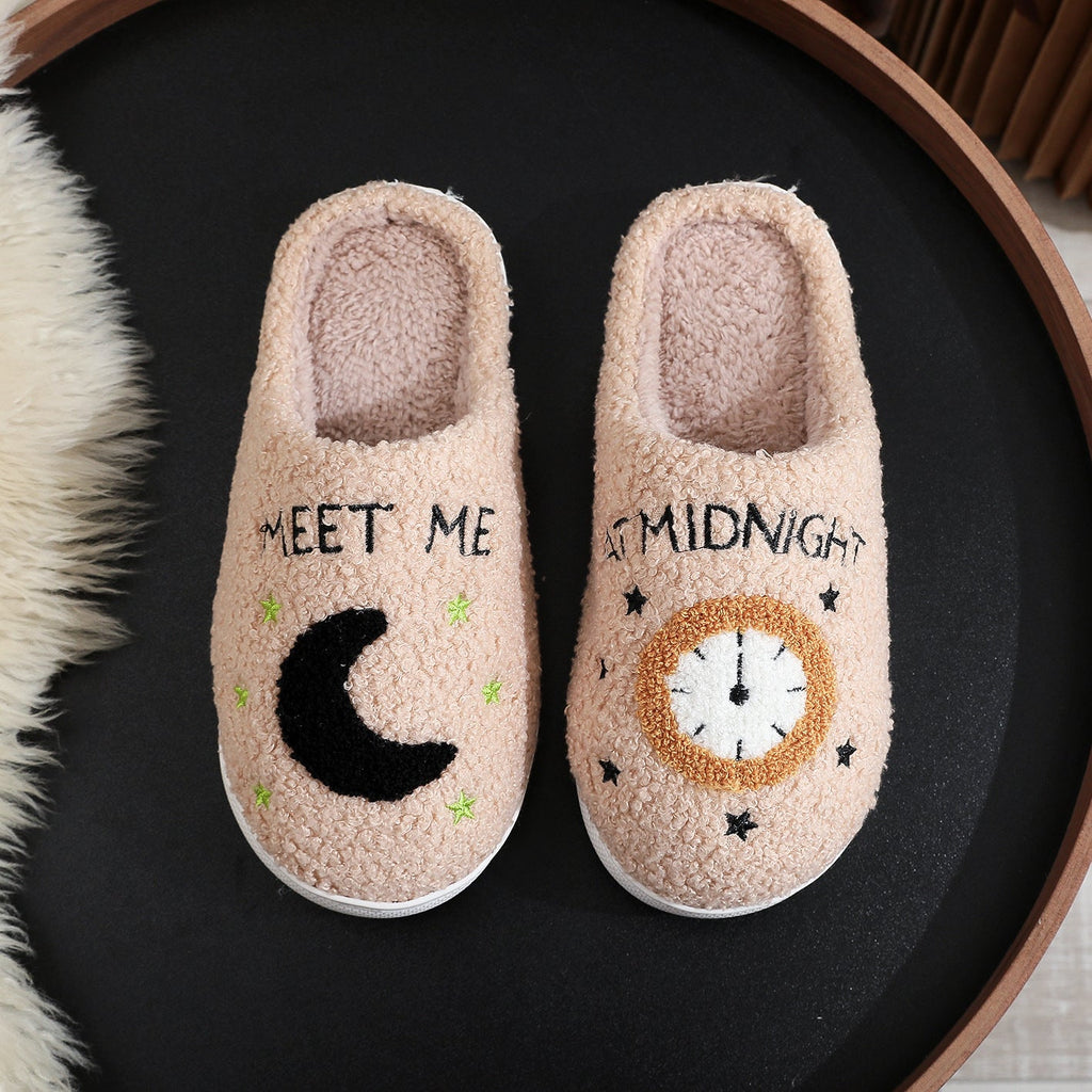 Women's Moon & Clock Print Plush Slippers | Warm Anti-Slip Floor Bedroom House Shoes