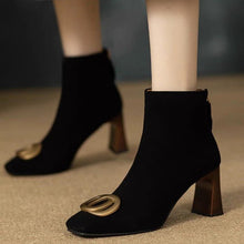 Load image into Gallery viewer, Women's Retro Chunky Heel Short Boots – Square Toe, Metal Buckle &amp; Side Zipper | Suede Upper