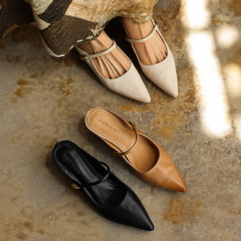 Women's Mary Jane Mule Sandals | Full Grain Cowhide Pointed Toe Block Heel Slides