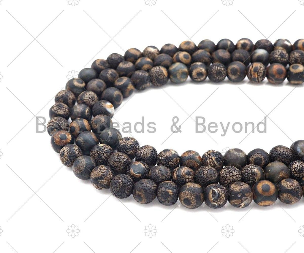 Natural Tibetan Black Agate with Evil Eye Beads, Dzi Eye Agate Beads, 10mm/12mm Tibetan Round Smooth Agate,15.5" Full Strand, Sku#U1108