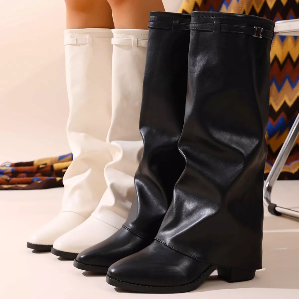 Women's Pointed Toe Block Heel Boots | Stable High Heel | PU Leather Ankle Boots