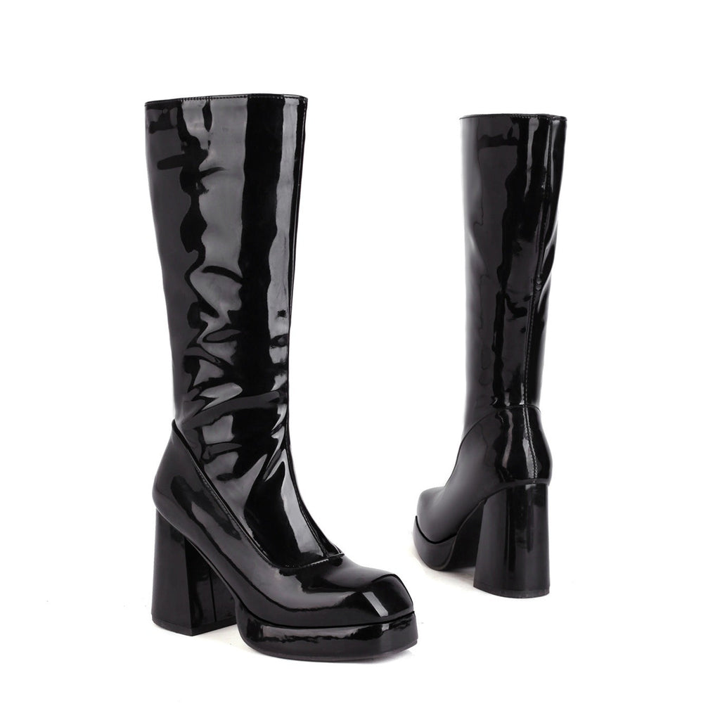 Women's Chunky Heel Mid-Calf Boots | Square Toe Side Zipper High Heel Boots
