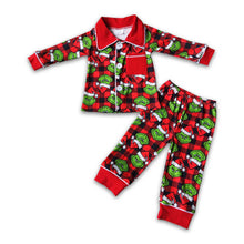 Load image into Gallery viewer, Plaid green face print pocket kids boy Christmas pjs