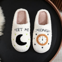 Load image into Gallery viewer, Women's Moon &amp; Clock Print Plush Slippers | Warm Anti-Slip Floor Bedroom House Shoes