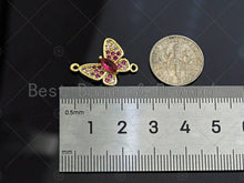 Load image into Gallery viewer, Fuchsia CZ Butterfly Connector, Butterfly Bracelet Link, Butterfly Pendant, Cubic Zirconia Pendant, Gold Tone, 16x18mm, Sku#LK86