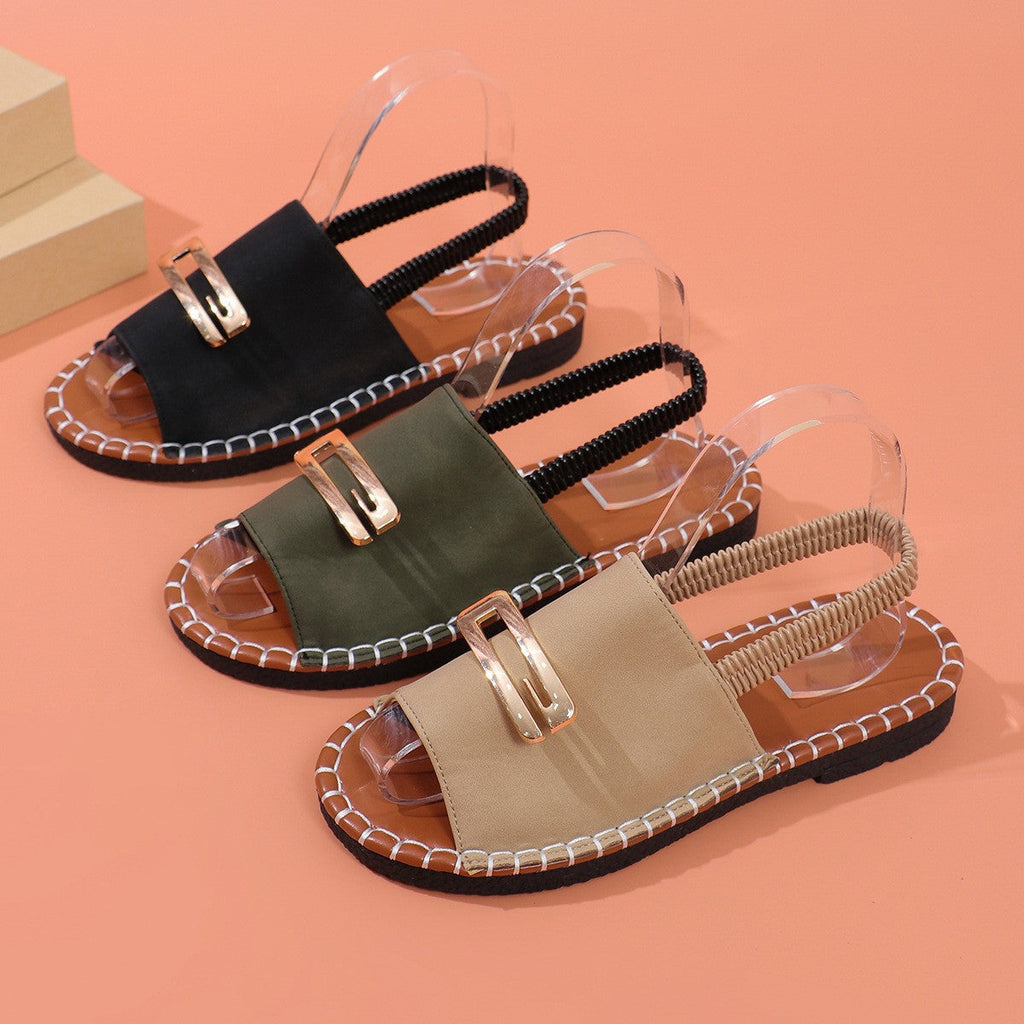 Women's Comfortable Fabric Strap Flat Sandals with Elastic Band - Round Toe Casual Shoes
