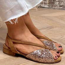 Load image into Gallery viewer, Women's Brown Suede Glitter Embroidered Peep Toe Sandals - Low Heel Comfortable Summer Shoes