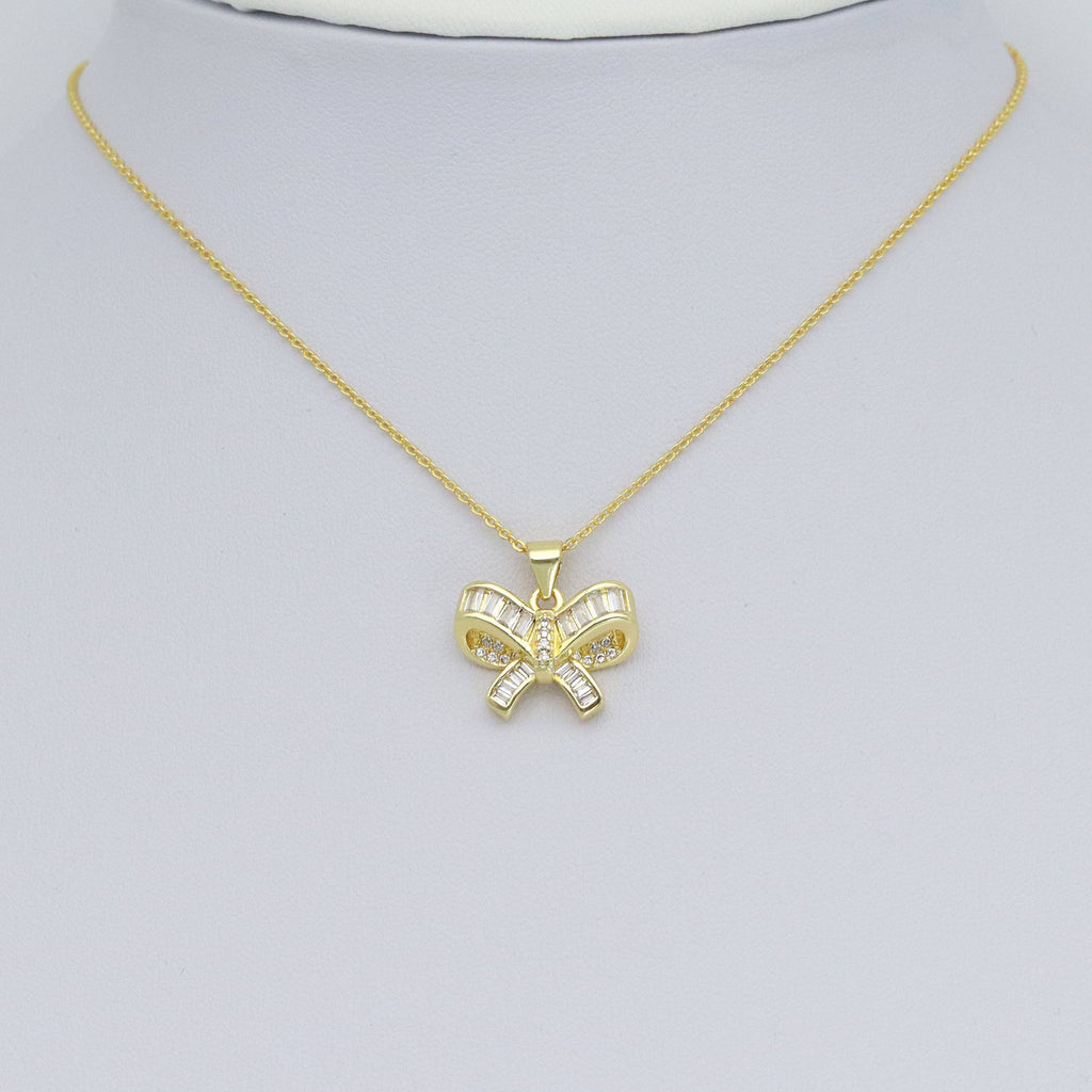 Clear Baguette CZ Gold Bowknot Charm Pendant, Sku#LK971