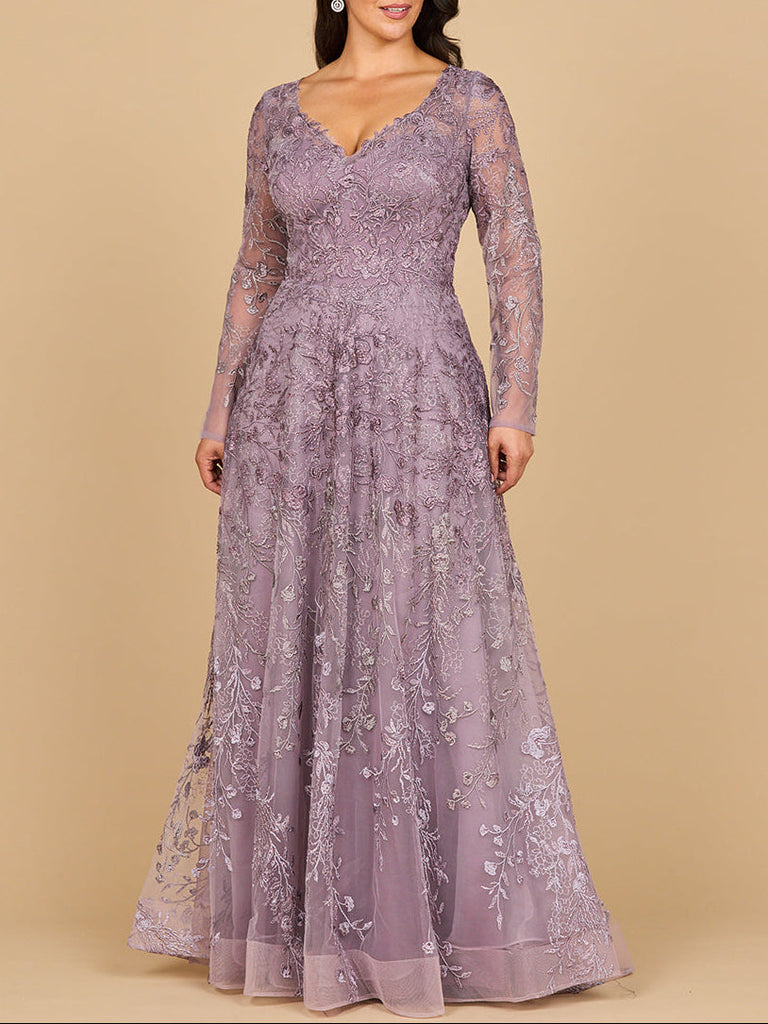 Lara 28878- Long Sleeve V-Neck Ombre Lace Gown