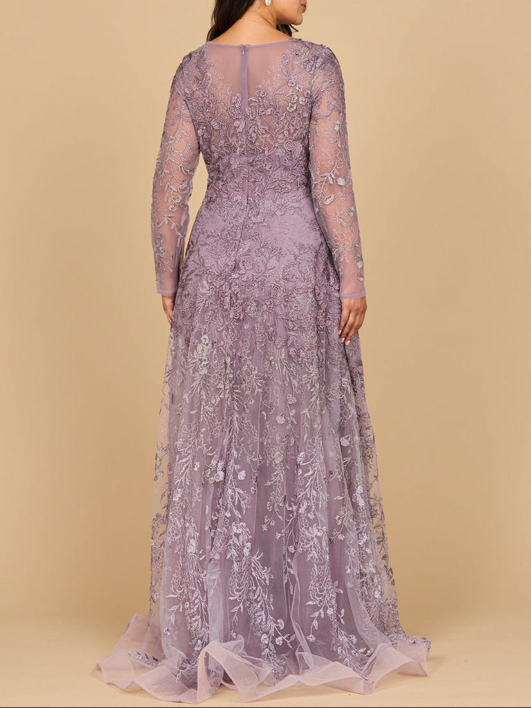 Lara 28878- Long Sleeve V-Neck Ombre Lace Gown