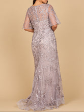 Load image into Gallery viewer, Lara 28880- Overskirt Lace Fitted V-Neck Gown with Cape Sleeves