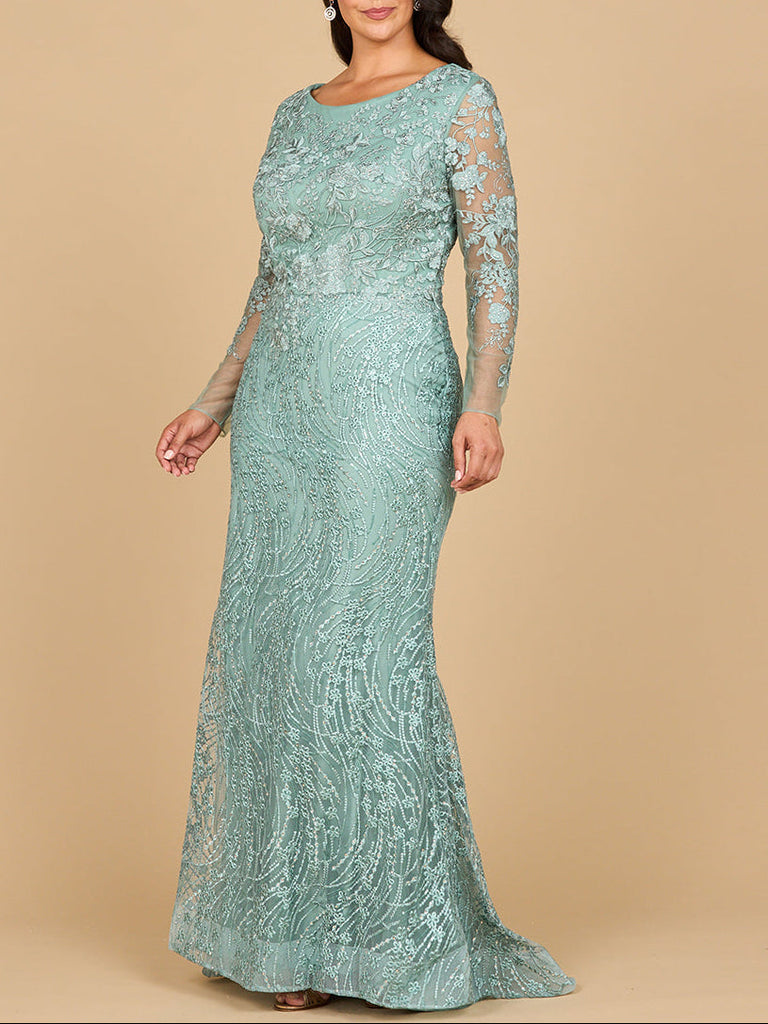 Long Sleeve Gown with Overskirt & Illusion Neckline