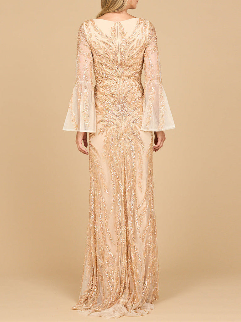 Lara 28887 - High Neck Beaded Dress with Bell Sleeves