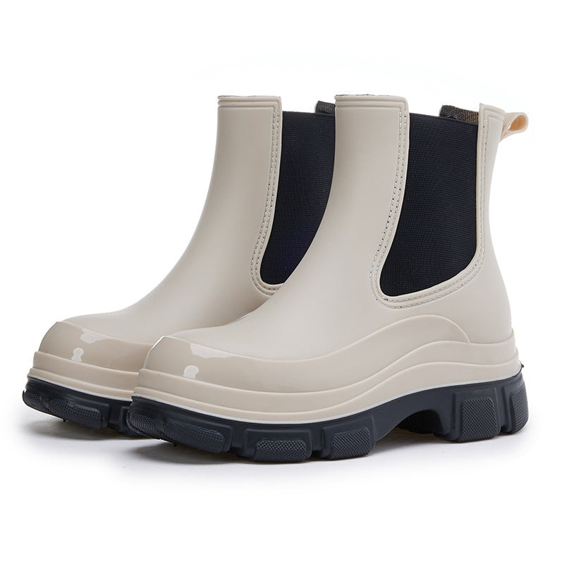 Women's Waterproof Martin Rain Boots | Thick Sole Mid-Calf PVC Boots | Black & Khaki