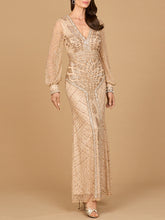 Load image into Gallery viewer, V Neck Beaded Long Sleeve Maxi Dress