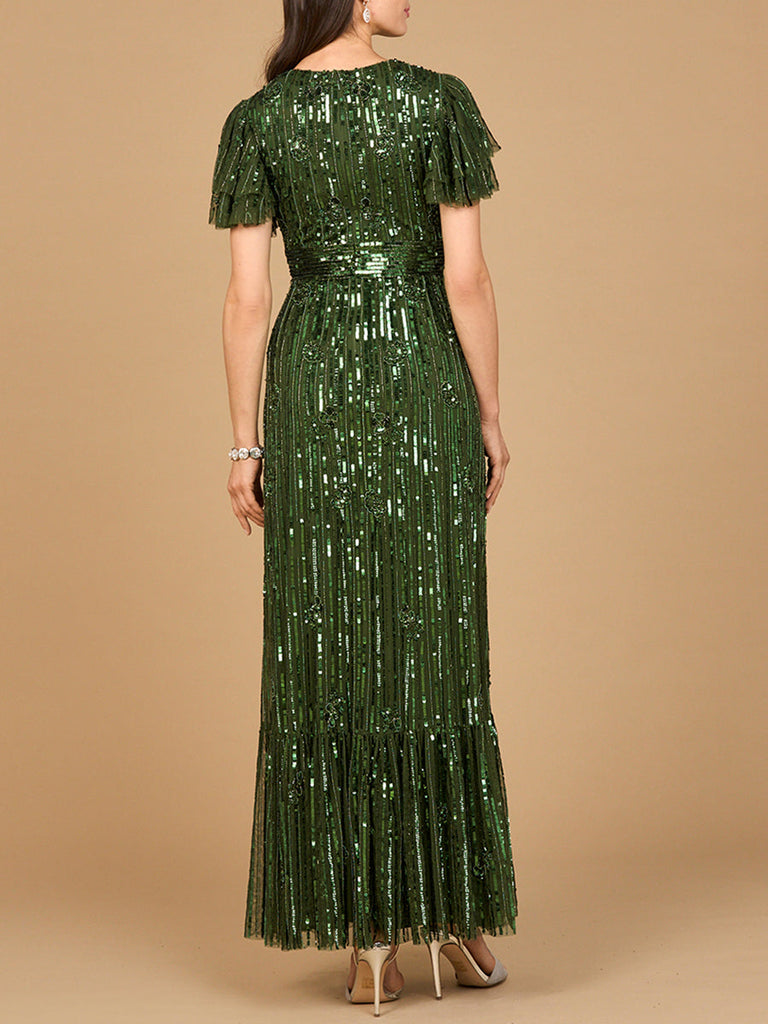 Elegant Beaded Gown with Flutter Sleeves