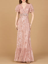 Load image into Gallery viewer, Elegant Beaded Gown with Flutter Sleeves