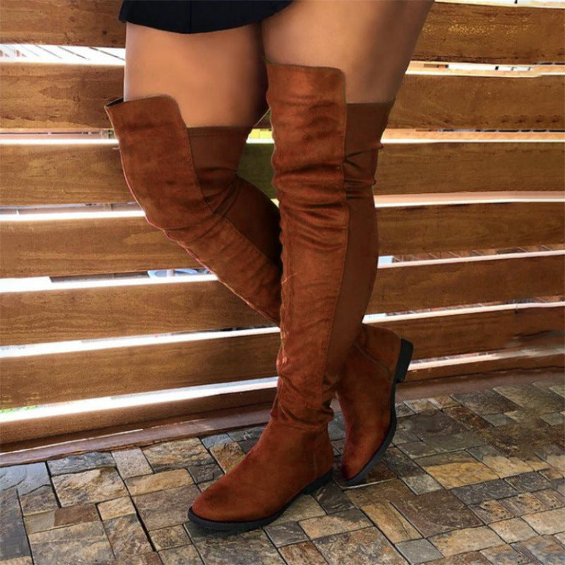 Women's Patchwork Knee-High Boots - Round Toe Chunky Heel Winter Boots with Side Zipper