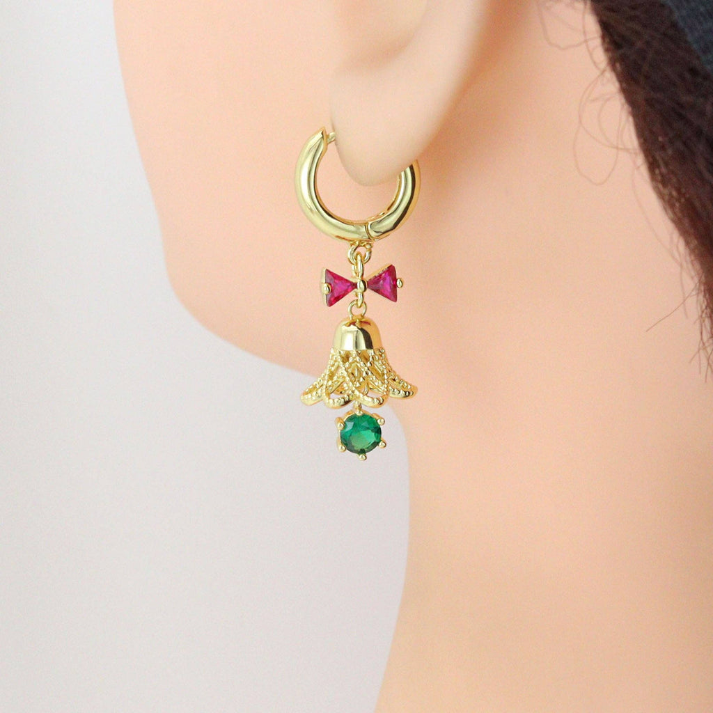 Colorful CZ Christmas Jingle Bell Bow Earrings, Sku#A485