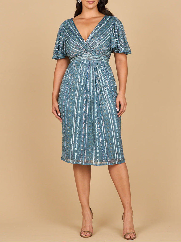 Beaded Midi Dress with Flutter Sleeves