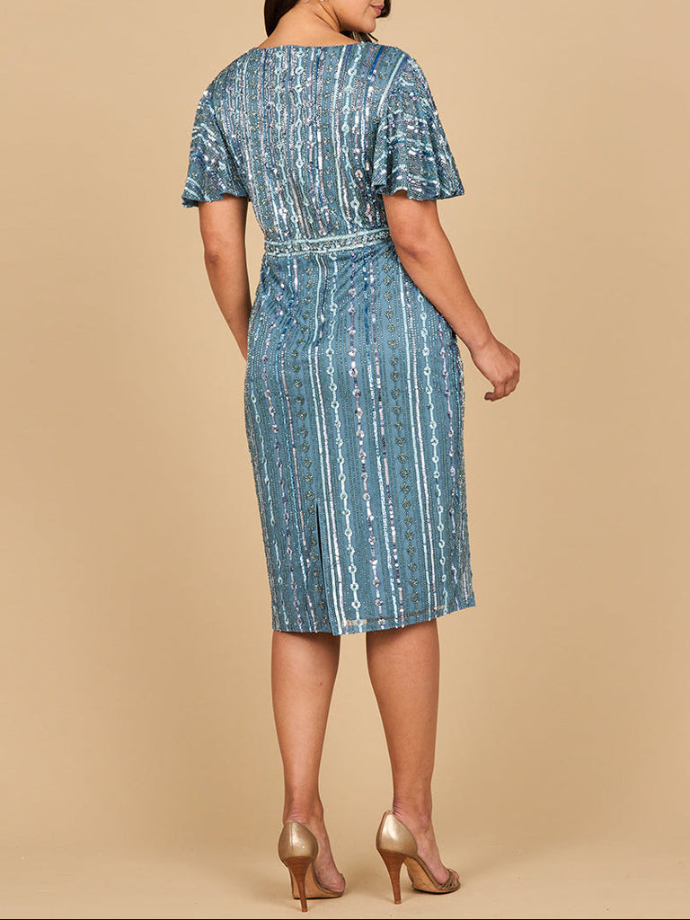 Beaded Midi Dress with Flutter Sleeves
