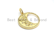 Load image into Gallery viewer, CZ Micro Pave Hollow Round With Moon Star Pendant ,Gold/Silver/Black/Rose Gold ,Cubic Zirconia Jewelry Findings,30x34mm,sku#F700