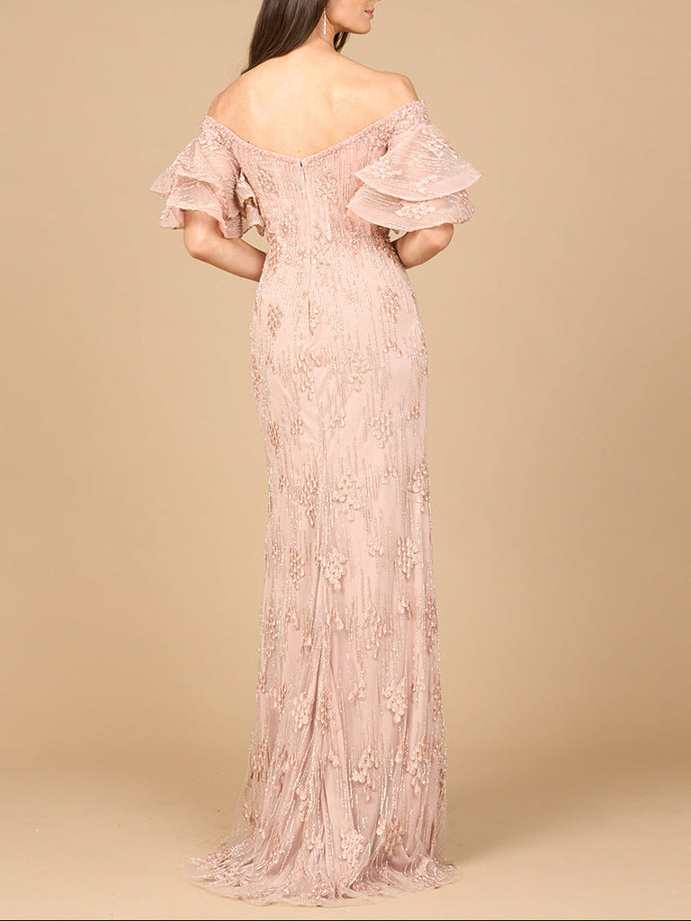 Off Shoulder Mermaid Gown with Tiered Sleeves