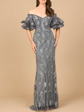 Load image into Gallery viewer, Off Shoulder Mermaid Gown with Tiered Sleeves