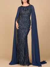 Load image into Gallery viewer, High Neck Gown with Chiffon Cape Sleeves