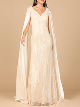 Load image into Gallery viewer, Beaded Gown with Satin Cape Sleeves
