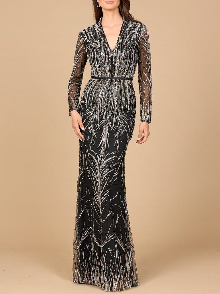 Mandarin V-Neck Gown with Long Sleeves