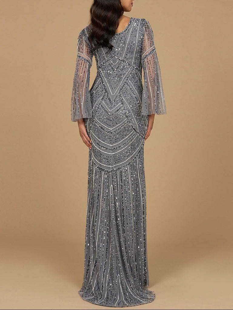 Long Sleeve Beaded Gown with Trumpet Sleeves