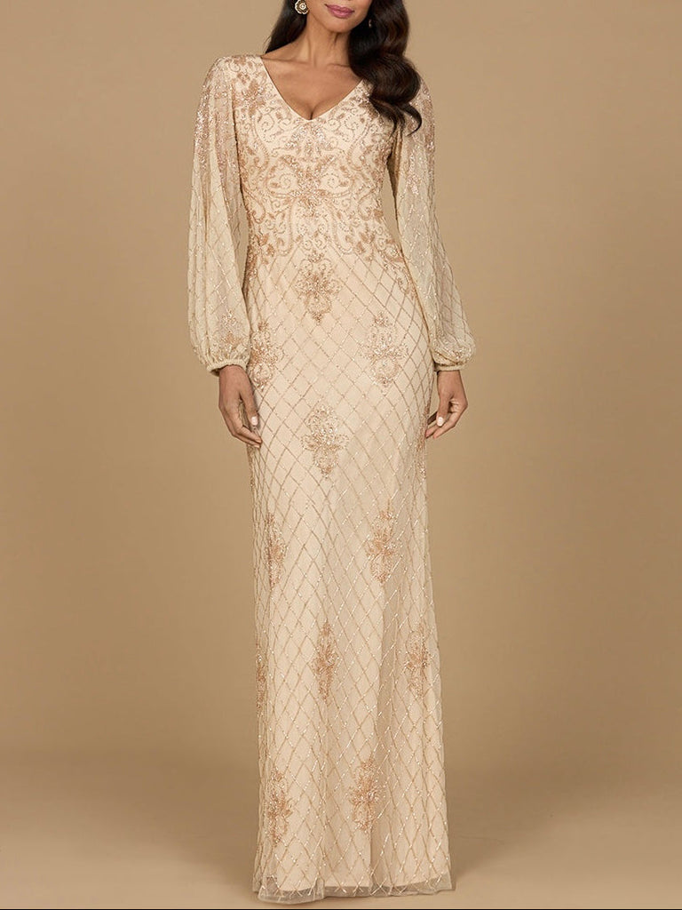 Long Sleeve Beaded Gown with Bishop Sleeves