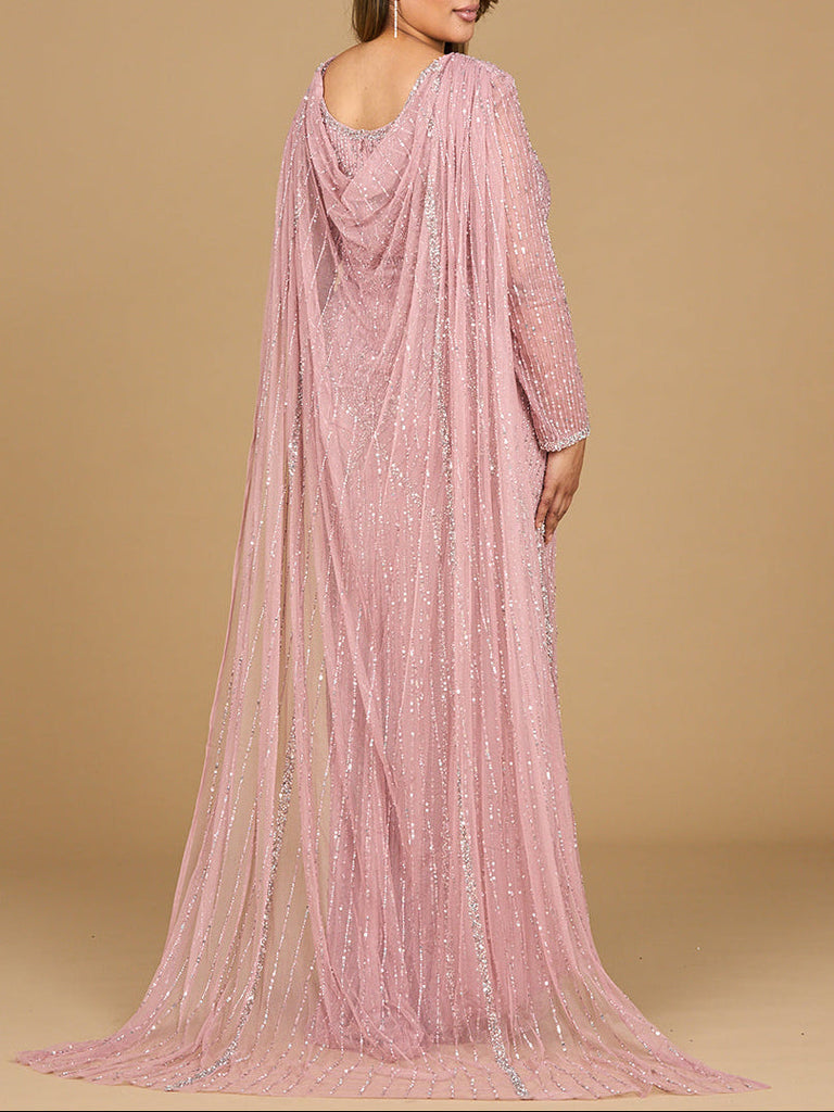 Long Sleeve Beaded Gown with Cape
