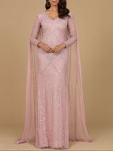Load image into Gallery viewer, Long Sleeve Beaded Gown with Cape