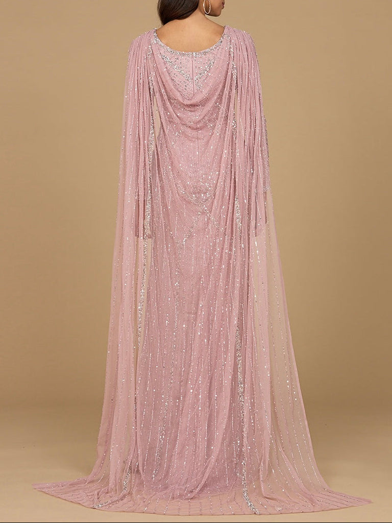 Long Sleeve Beaded Gown with Cape