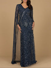 Load image into Gallery viewer, Long Sleeve Beaded Gown with Cape