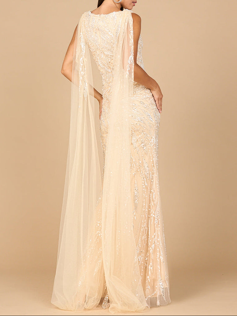 V-Neck Gown with Long Cape Sleeves
