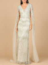Load image into Gallery viewer, V-Neck Gown with Long Cape Sleeves and Feathers